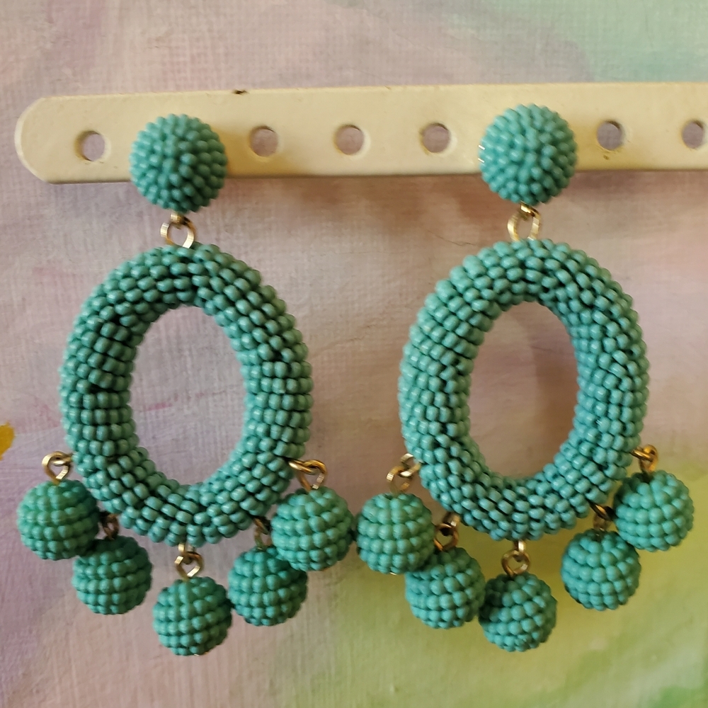 Stella And Dot Earrings Aqua Teal Big Seed Bead Funky Hoops